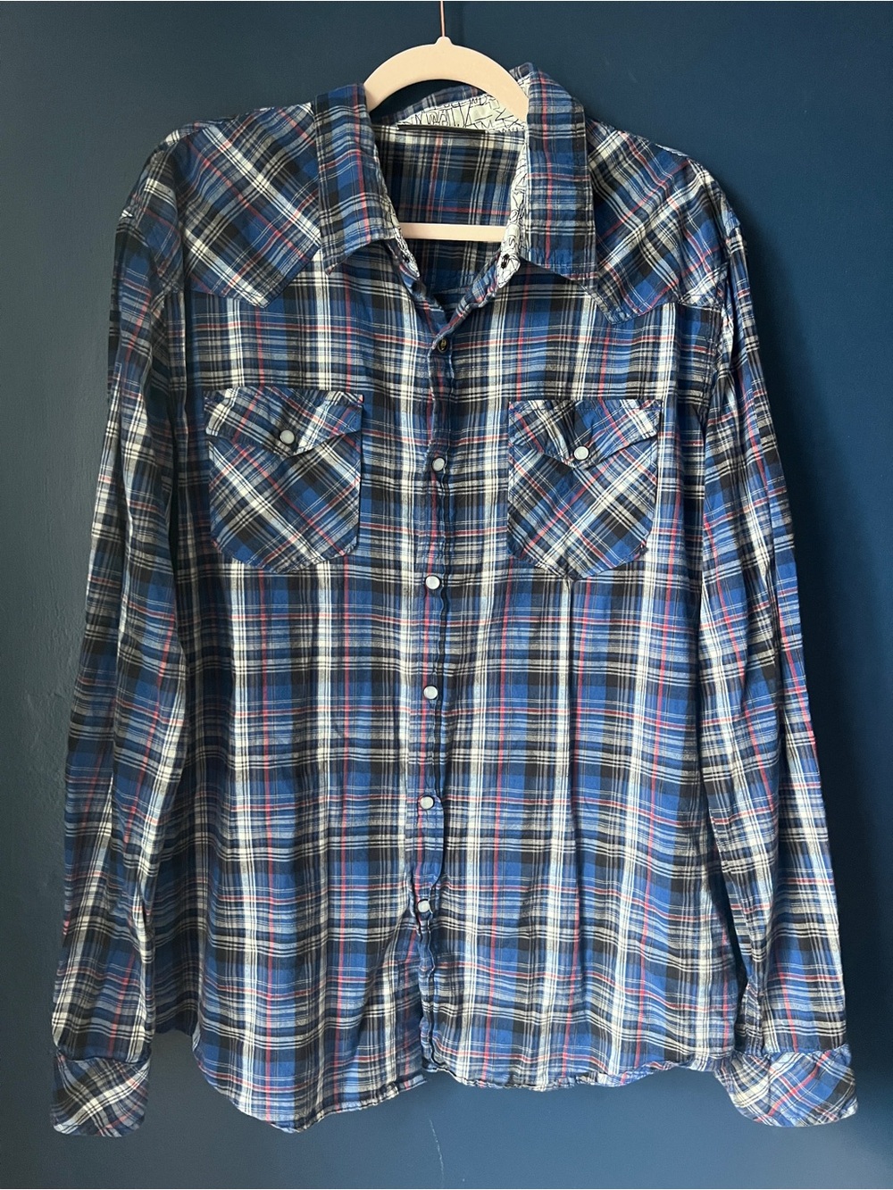 Mambo Australia XL Pearl Snap Plaid Western Shirt Cotton Long Sleeve Blue Cowboy